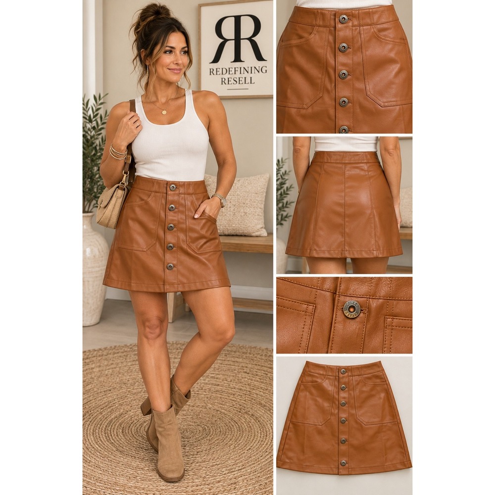Jessica Simpson Bianca Faux Leather Mini Skirt Adobe Brown Button Front Small